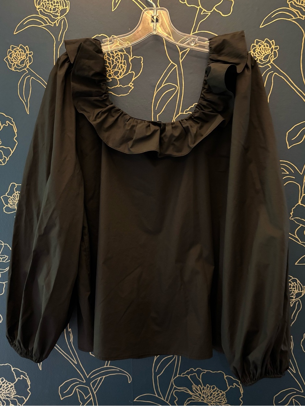 ENGLISH FACTORY plus sized 2X crisp cotton RUFFLE NECK top BLACK puff sleeve